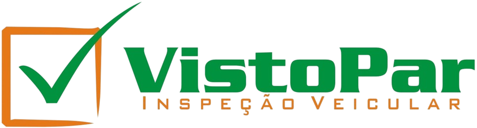 Logotipo VistoPar Inspeção Veicular composto por um símbolo de check verde dentro de um quadrado laranja, ao lado do nome VistoPar em verde com a inscrição Inspeção Veicular em laranja